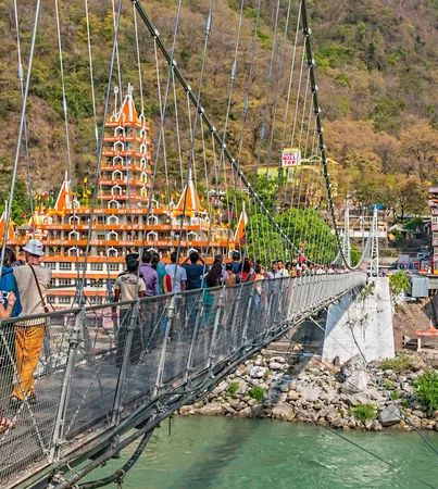 Colorful riverside temples at sunset