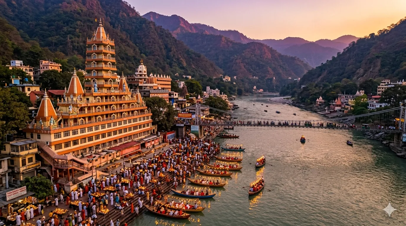 Multi-storey temple beside the Ganges
